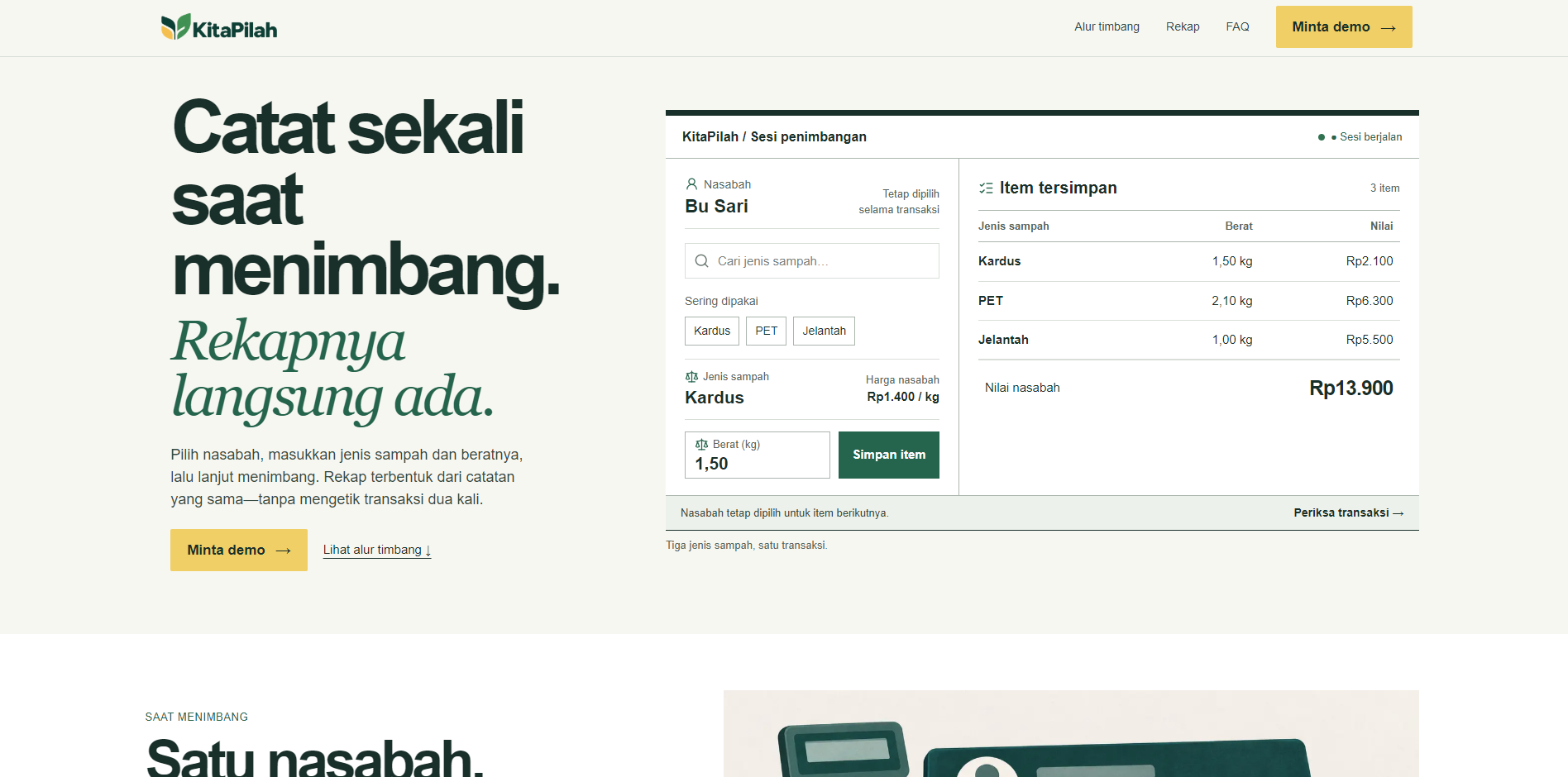 KitaPilah weighing and transaction record interface